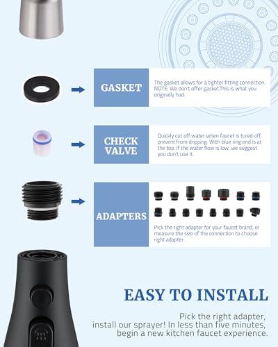 Kitchen Faucet Head Replacement, 15 Adapters, 3-Mode Pull Down Sprayer Head | 3 Functions Stream Spray Pause, Easy 5-Min Install, Pull Out Nozzle, Matte Black, Compatible with Moen Delta Hansgrohe - color: Matte Black
