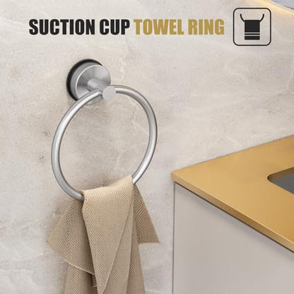 BKV Suction Cup Towel Ring,Hand Towel Holder for Bathroom,Stainless Steel Heavy Duty Round Towel Hanger for Bath,Kitchen-Brushed Nickel Silver - color: Silver