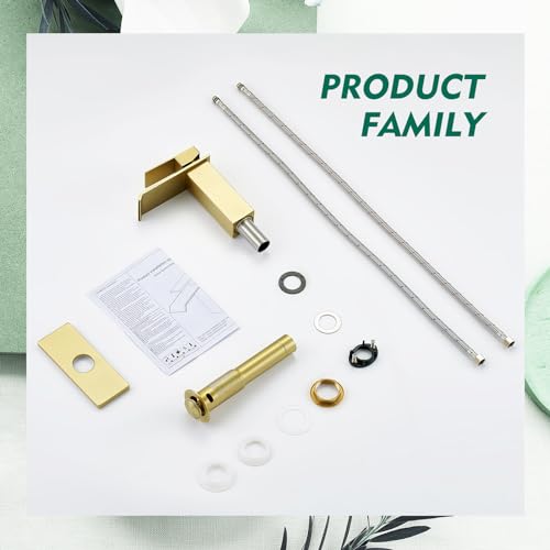 CREA Brushed Gold Bathroom Faucet 1 Hole,Gold Waterfall Bathroom Faucet Single Handle Bathroom Sink Faucet with Drain Stopper/ 3 Hole Deck Plate,RV Basin Vanity Faucet,Stainless Steel - color: Brushed Gold, style: Wide Spout