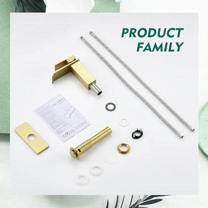 CREA Brushed Gold Bathroom Faucet 1 Hole,Gold Waterfall Bathroom Faucet Single Handle Bathroom Sink Faucet with Drain Stopper/ 3 Hole Deck Plate,RV Basin Vanity Faucet,Stainless Steel - color: Brushed Gold, style: Wide Spout
