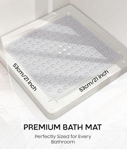 Square Shower Mat Non Slip, 21x21 Inch Square Bathtub Mat for Inside-Shower with Suction Cups Drain Holes, Anti-Slip Bathroom Floor Shower Stall Mats, Soft Bath for Tub, Machine Washable - Clear - color: White