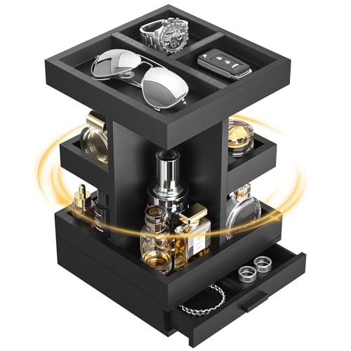 Rotating Cologne Organizer for Men, 3 Tier Wooden Stand with Drawer | 360 Spinning Perfume Holder, Large Capacity Modern Men's Vanity Tray & Dresser Organizer, Sleek Matte Black Wood Construction