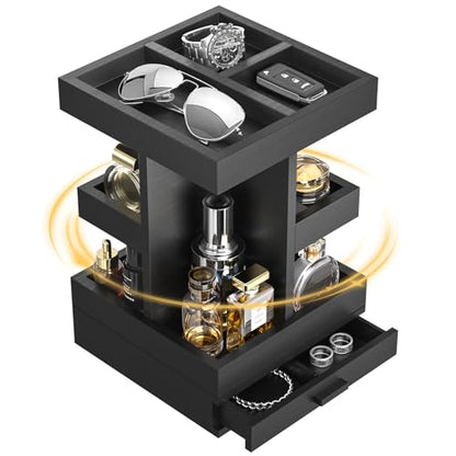 Rotating Cologne Organizer for Men, 3 Tier Wooden Stand with Drawer | 360 Spinning Perfume Holder, Large Capacity Modern Men's Vanity Tray & Dresser Organizer, Sleek Matte Black Wood Construction