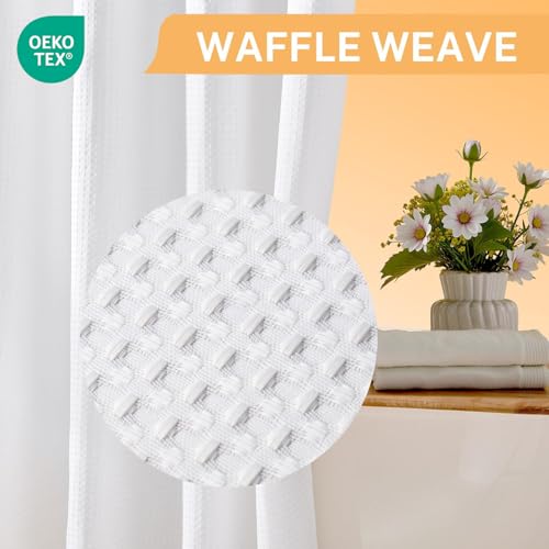 River Dream No Hooks Shower Curtain with 2 Snap in Liner, White, 71Wx74H | Waffle Weave, 1 Attached Snap in Liner and 1 Extra Replacement Liner, Bathroom Curtains Shower Set, Hotel Grade, Spa Like - color: White