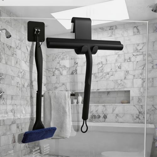 8.3" Silicone Shower Squeegee & Microfiber Scrubber Set, Cleaning Combo for Glass Doors, Mirrors, Windows, Car Windshields, Countertops