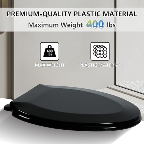 Angol Shiold Elongated Toilet Seat - Slow Close Hinges, Ergonomic Design with Grip-Tight Bumpers, Safe Easy-Clean PP Material (Black, 18.5" Elongated) - color: Black, size: Elongated 18.5‘’
