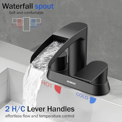 Bathroom Sink Faucet for 3 Hole, Hurran 4 Inch Bathroom Faucets with Pop-up Drain, Stainless Steel 2-Handle Waterfall Faucet for Bathroom Sink, Matte Black - color: Black