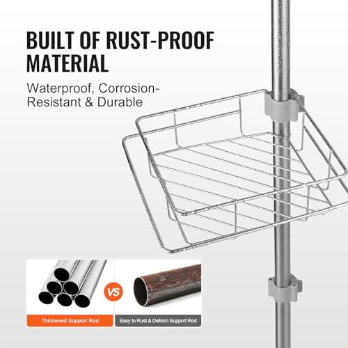 VEVOR Shower Corner Caddy Tension Pole, 42" to 114" High, Multi-Functional Shower Tension Pole with Strong Load-Bearing Tray, Rust-Proof Easy-to-Install, Fit for Bathroom & Washroom, Silver