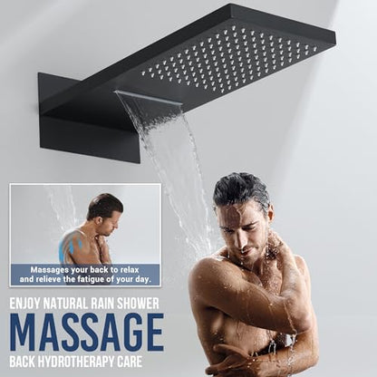 Thermostatic Shower System, Waterfall Shower Head(Matte Black) | 22-Inch Rain & Waterfall Large Shower Head, High Pressure Handheld Sprayer, 3 Modes Push Button Valve - color: Matte Black