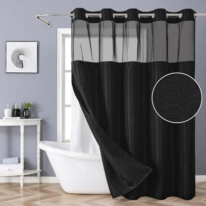eachope Black No Hook Shower Curtain with Snap-in Fabric Liner Set,Slub Textured Fabric Shower Curtains for Bathroom,Hotel Style Modern Shower Curtain,Water Repellent & Washable,71x74(72) | Hotel Style Fabric with See-Through Top Window, Water Repellent &