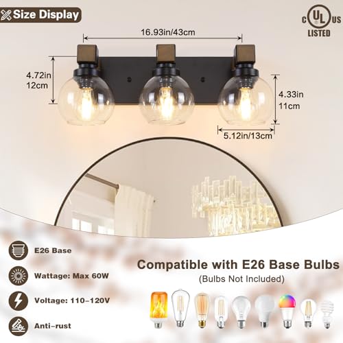 Farmhouse Bathroom Light Fixtures, 3-Light Rustic Wood Bathroom Lights Over Mirror with Glass Globe Shades, Matte Black Wall Mounted Lamp Vanity Lights for Bathroom Bedroom Living Room Cabinet - size: 3-Light