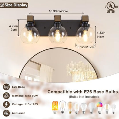 Farmhouse Bathroom Light Fixtures, 3-Light Rustic Wood Bathroom Lights Over Mirror with Glass Globe Shades, Matte Black Wall Mounted Lamp Vanity Lights for Bathroom Bedroom Living Room Cabinet - size: 3-Light