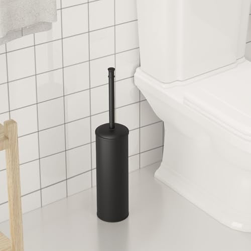 Toilet Brush and Holder, Toilet Cleaner Bowl Set with Two Brush with Extra Long Handle, Durable Bristles Toilet Scrubber and Covered Holder, Drip-Proof Stainless Steel Matte Black - color: Matte Black