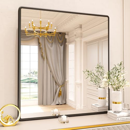 pertetey 40 x 36 in Rounded Rectangle Bathroom Mirror, Black Metal Frame | Black Metal Frame, Rounded Rectangle Design, Tempered Glass, Wall Mounted - size: 40"L x 36"W