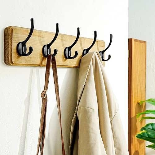 Coat Rack Wall: Patented, Heavy-Duty, 17.4" Long 5-Double-Hooks Wooden Wall Mounted Coat Rack Coat Hanger Hook Rail for Winter Coats Hat Jacket Clothing, Weathered Brown, Pack of 2 - color: Weathered Brown & Black, size: L=17.4" (2pcs)