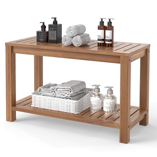 Giantex Teak Shower Bench with Shelf, 30 Inch Shower Stool with Slatted Seat for Elderly Seniors, Waterproof Bathroom Spa Bathing Seat Foot Rest Entryway Bench for Indoor and Outdoor Use - size: 30" x 12.5" x 18"