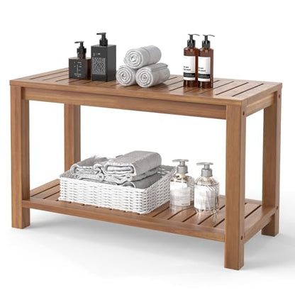 Giantex Teak Shower Bench with Shelf, 30 Inch Shower Stool with Slatted Seat for Elderly Seniors, Waterproof Bathroom Spa Bathing Seat Foot Rest Entryway Bench for Indoor and Outdoor Use - size: 30" x 12.5" x 18"