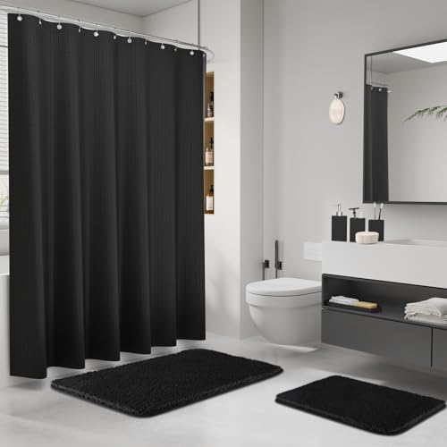 Black Bathroom Sets, Black Bathroom Accessories Set with Shower Curtain and No-Slip Bath Rugs, Natural Loofah Sponge, Soap Dispenser, Toothbrush Holder, Bathroom Tumbler and Tray for Bathroom - size: Bath Set+Shower Curtain+Bath Rugs+2PCS Loofah, style: B