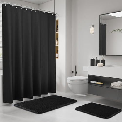 Black Bathroom Sets, Black Bathroom Accessories Set with Shower Curtain and No-Slip Bath Rugs, Natural Loofah Sponge, Soap Dispenser, Toothbrush Holder, Bathroom Tumbler and Tray for Bathroom - size: Bath Set+Shower Curtain+Bath Rugs+2PCS Loofah, style: B