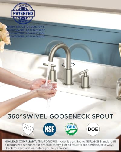 FORIOUS Brushed Nickel Bathroom Faucet 3 Hole Commercial Widespread Faucet | 3 Hole Bathroom Sink Faucet Brushed Nickel, 8 Inch Widespread Faucet for Bathroom Sink 3 Hole Silver with 360° Swivel Spout - color: Stainless Steel, style: Modern