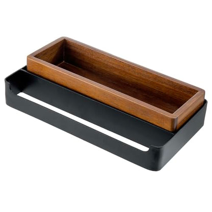 MyGift Modern Matte Black Wall Mounted Towel Rack with Acacia Wood Shelf – Metal Bathroom Storage Organizer for Towels and Décor
