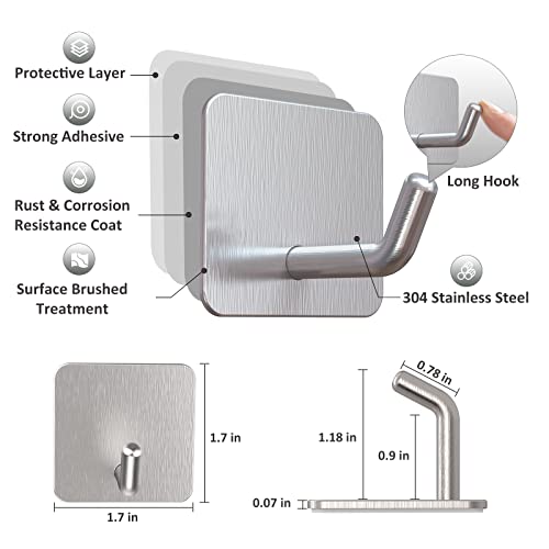 VIS'V Adhesive Hooks for Shower Wall, Heavy Duty, Silver, 4 Pcs | Metal Material, Compact Design, Peel and Stick, 2 Extra Adhesive Strips, for Bathroom Kitchen Livingroom Office RV - color: Silver