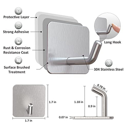 VIS'V Adhesive Hooks for Shower Wall, Heavy Duty, Silver, 4 Pcs | Metal Material, Compact Design, Peel and Stick, 2 Extra Adhesive Strips, for Bathroom Kitchen Livingroom Office RV - color: Silver