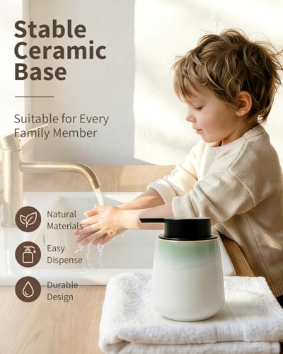 Bosilunlife 12Oz Ceramic Foam Soap Dispenser for Bathroom Kitchen Counter | Premium countertop foam pump creates delicate dense foam, stable desktop placement, Blue-Green Rim - color: Blue-green Rim