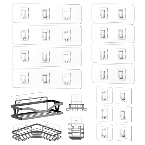 14 Pack Heavy Duty Shower Caddy Adhesive Replacement, 55 LB Hold | Up to 55 LB hold; Waterproof Shower Shelf Adhesive in 3 Hook Styles for Caddies, Shelves, Soap Holders and Racks. - color: Clear 1+2+3 hooks-14 Pack