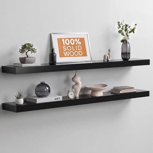 Black Floating Shelf 48 inches, High End Solid Real Wood 48 inch Long Floating Shelves for Wall, Black Wooden 48inch Large Floating Shelves, Heavy Duty Bracket, 48 X 6.5 X 1.75 in, Set of 2 - color: Modern Black - Rich Neutral Satin, size: 48 inch