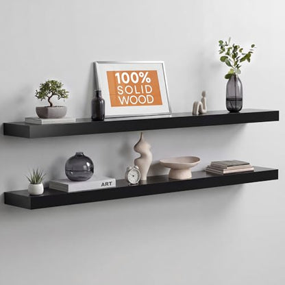Black Floating Shelf 48 inches, High End Solid Real Wood 48 inch Long Floating Shelves for Wall, Black Wooden 48inch Large Floating Shelves, Heavy Duty Bracket, 48 X 6.5 X 1.75 in, Set of 2 - color: Modern Black - Rich Neutral Satin, size: 48 inch