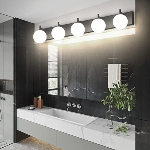 Aipsun Vanity Light, 5 Lights Matte Black Bathroom Light Fixtures, Vanity Lights with Milky White Globe Glass, Black Lights Over Mirror - color: Black, size: 5 Lights