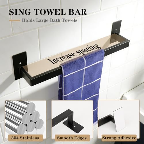 5 Pieces Self Adhesive Bathroom Hardware Set-SUS304 Stainless Steel-Towel Rack Set Include 16″Towel Bar+Toilet Paper Holder+3 Towel/Robe Hooks Bathroom Accessory (Matte Black, 16 in) - size: 16 IN