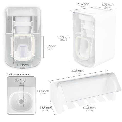 5 Slots Wall Mount Toothbrush Holder with Cover, Self Adhesive Toothbrush Storage Organizer for Shower, Toothbrush Hanger with Automatic Toothpaste Squeezer Dispenser - color: White Combination