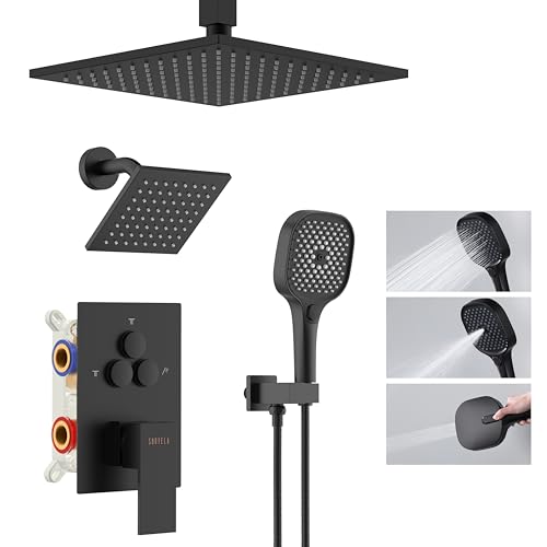 Shower System Matte Black Ceiling Mount Shower Faucet Set with 10 Inch Shower Head, Push Button Diverter Shower Fixtures with 3 in 1 Handheld,6 Inch Shower Head【All Functions Simultaneous Use】 - color: Matte Black, style: 10 Inch+6 Inch