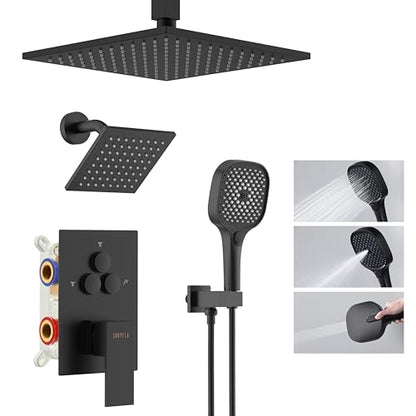 Shower System Matte Black Ceiling Mount Shower Faucet Set with 10 Inch Shower Head, Push Button Diverter Shower Fixtures with 3 in 1 Handheld,6 Inch Shower Head【All Functions Simultaneous Use】 - color: Matte Black, style: 10 Inch+6 Inch
