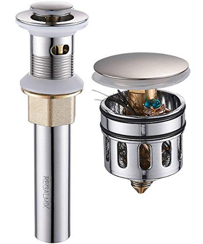 REGALMIX Vessel Sink Drain, Bathroom Faucet Vessel Sink Pop Up Drain Stopper, Built-In Anti-Clogging Strainer, Brushed Nickel with Overflow,Fits Standard American Drain Hole(1-1/2" to 1-3/4") R086J-BN - color: Brushed Nickel, size: With Overflow