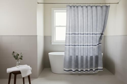 Blue and White Fabric Shower Curtain, Cotton Blend Striped Textured Design, 72 x 72 Shower Curtain, Modern Aesthetic Bathroom Decor, Cozumel - color: Cozumel