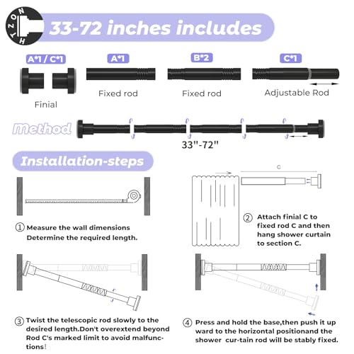 Shower Curtain Rod Spring Tension:Black Shower Rods for Bathroom 33 to 72 Inch,1 Inch Modern Heavy Duty Adjustable Tension Shower Curtain Rod No Drilling No-Slip Easy Install,Matte Black - color: Black, size: 【33''-72''】1 Pack