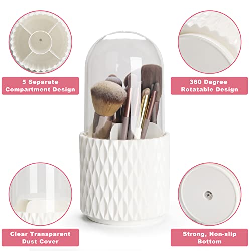 Makeup Brush Holder Organizer with Lid -360° Rotating Dustproof Make Up Brushes Container with Clear Acrylic Cover, Spinning Cosmetics Holders Storage Cup with 5 Compartment - color: White+Lid