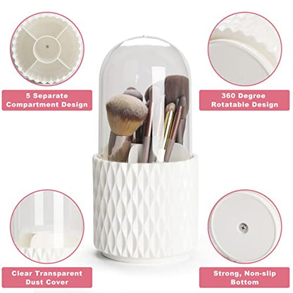 Makeup Brush Holder Organizer with Lid -360° Rotating Dustproof Make Up Brushes Container with Clear Acrylic Cover, Spinning Cosmetics Holders Storage Cup with 5 Compartment - color: White+Lid