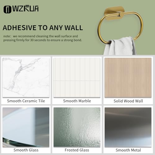 Adhesive Towel Holder for Bathroom Brushed Gold No Drill Hand Towel Ring Stainless Steel and Zinc Alloy Self Adhesive Towel Hanger for Bath, Kitchen - color: Brushed Gold
