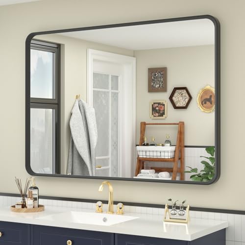 OKPAL 40X32 Inch Black Metal Frame Bathroom Mirror for Wall, Matte Black Vanity Bathroom Mirror, Black Rounded Rectangle Mirror, Rustproof, Shatter-Proof, Hangs Horizontally or Vertically - color: Matte Black, size: 40"L x 32"W