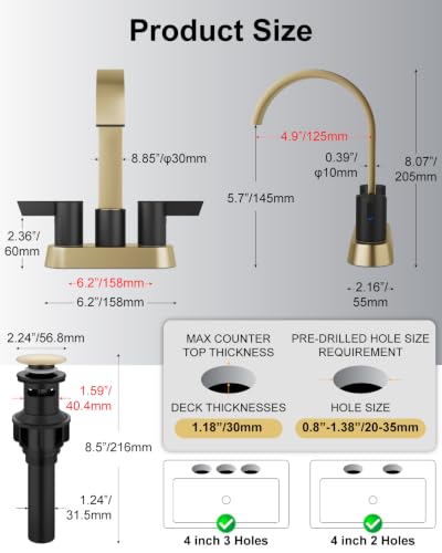 Gold and Black Bathroom Faucet,4 Inch Centerset 2-Handle Waterfall | Includes Pop-Up Drain,24-Inch Supply Lines,Mounting Hardware,SUS304 Stainless Steel Construction,And A 360° Swivel Spout - color: Gold and Black