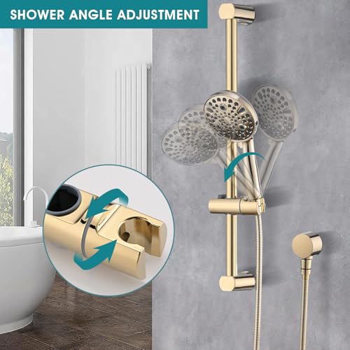 Hand Shower with Slide Bar, High Pressure 10 Setting Handheld Shower Head, Adjustable Height 24" Slide Bar, Wall Supply Elbow and 6.6ft Extra Long Shower Hose - Gold - color: Zirconium Gold
