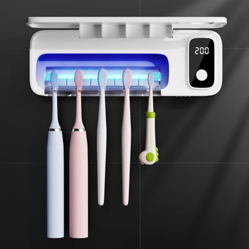Toothbrush Sanitizer and Holders, UV Toothbrush Sanitizer Holder for Bathroom with 5 Slot, Timer Function, 2000mAh Rechargeable Toothbrush Cleaner Holder Wall Mounted Without Drilling