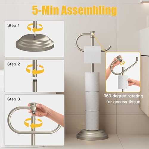 Toilet Paper Holder Floor Stand, Bathroom Freestanding Nickel | Toilet Tissue Roll Holder, Free Standing Rack with Storage, Weighted Base Accessories, SUS304 Stainless Steel Rustproof - color: Nickel