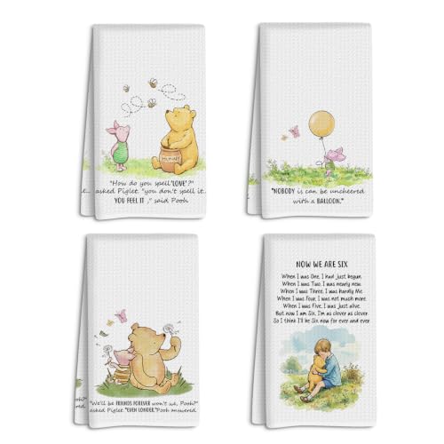 LONGXIN 4PCS Winnie Theme Kitchen Towels Pooh Bear Decor Stuff for Kitchen Bathroom Cute Winnie Gifts for Women Absorbent Decorative Waffle Weave Dish Hand Tea Towel - color: Multicolor 1686