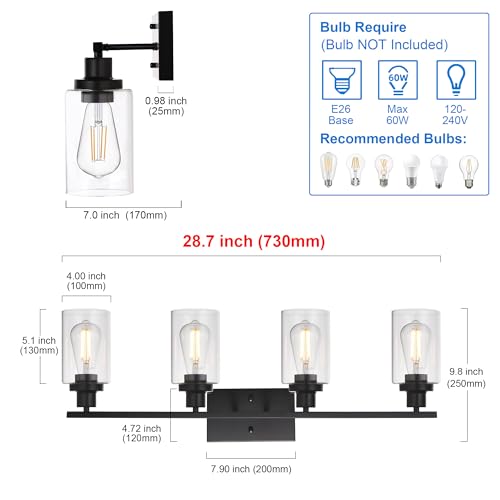 MELUCEE 4 Lights Sconces Wall Lighting Black with Clear Glass Shade | Industrial Bathroom Light Fixtures Vanity Lights Porch Light Fixtures Wall Mount (Patent No.: US D963914 S) - color: Black, size: 4-Light