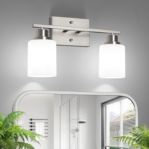 Ascher Bathroom Light Fixtures, 2-Light Vanity Light Over Mirror, Brushed Nickel Wall Sconces with Milky White Frosted Glass Shades, Wall Lamp for Living Room Bedroom, E26 Base(Bulbs Not Included) - color: Brushed Nickel, size: 2-Light